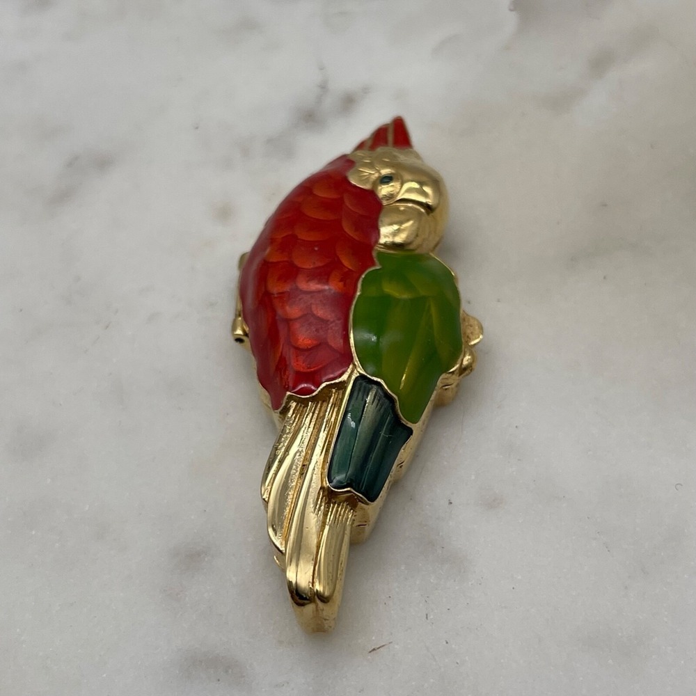 Vintage Estee Lauder Enamel Red‎ Green Gold Parrot Perfume Compact - filled!
